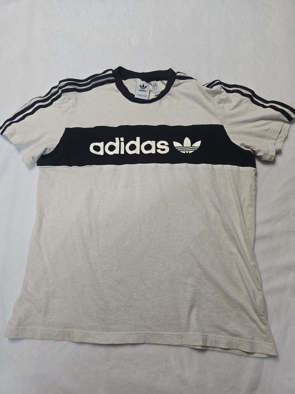 adidas White and Black Trefoil Stripe Short Sleeve Tee